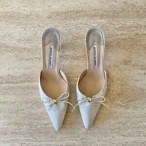 Vintage Manolo Blahnik Linen Bow Tie Mule Heels